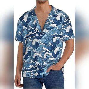 KYKU Men's Button Down Short Sleeve Shirt, One Pocket | Ocean Blue & White